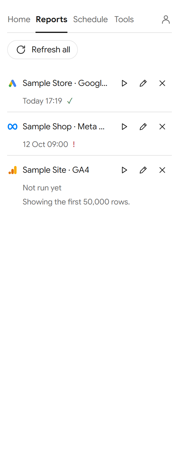 The Reports tab listing three saved reports with their last run time